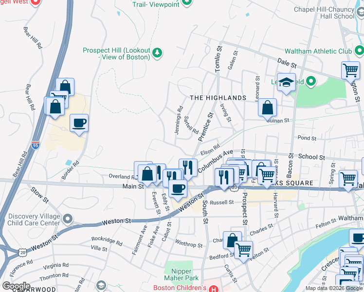 map of restaurants, bars, coffee shops, grocery stores, and more near 152 Hawthorne Road in Waltham