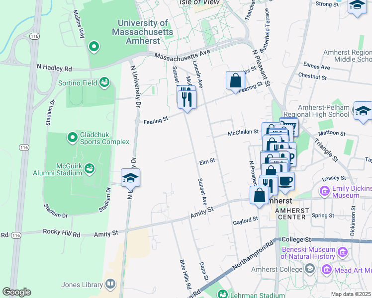 map of restaurants, bars, coffee shops, grocery stores, and more near 138 Sunset Ave in Amherst