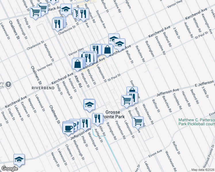 map of restaurants, bars, coffee shops, grocery stores, and more near 15216 Saint Paul Street in Grosse Pointe Park