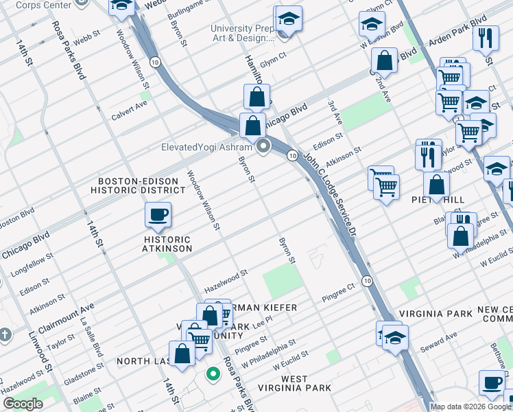 map of restaurants, bars, coffee shops, grocery stores, and more near 1246 Atkinson Street in Detroit