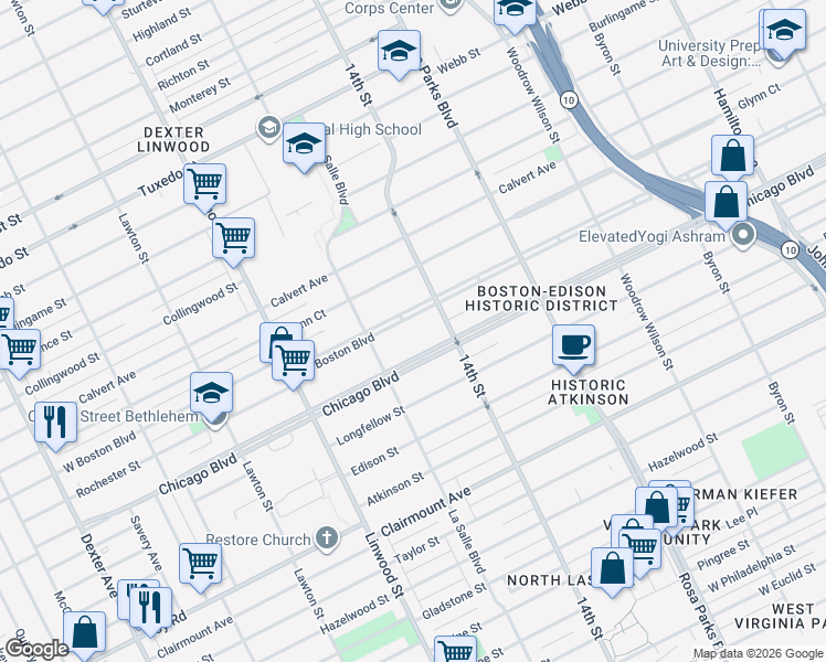 map of restaurants, bars, coffee shops, grocery stores, and more near 2284 West Boston Boulevard in Detroit