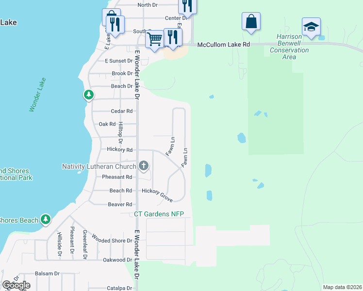 map of restaurants, bars, coffee shops, grocery stores, and more near 3616 Fawn Lane in Wonder Lake
