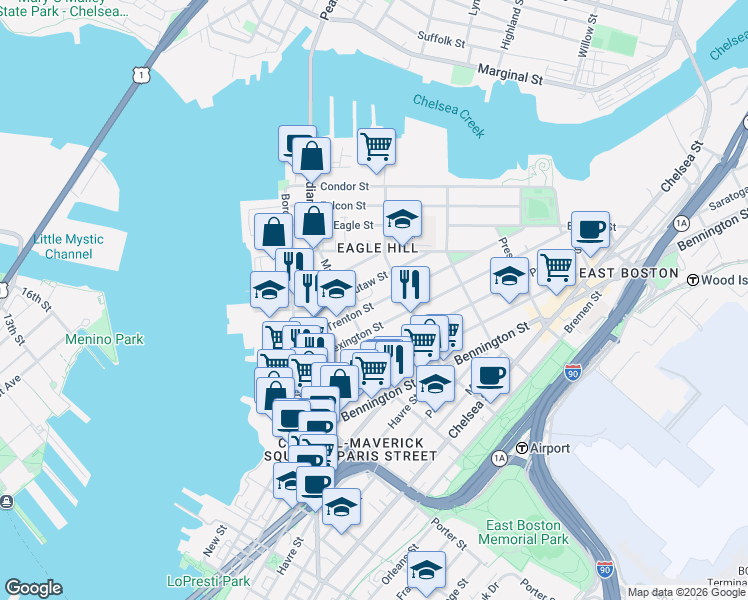 map of restaurants, bars, coffee shops, grocery stores, and more near 78 Trenton Street in Boston