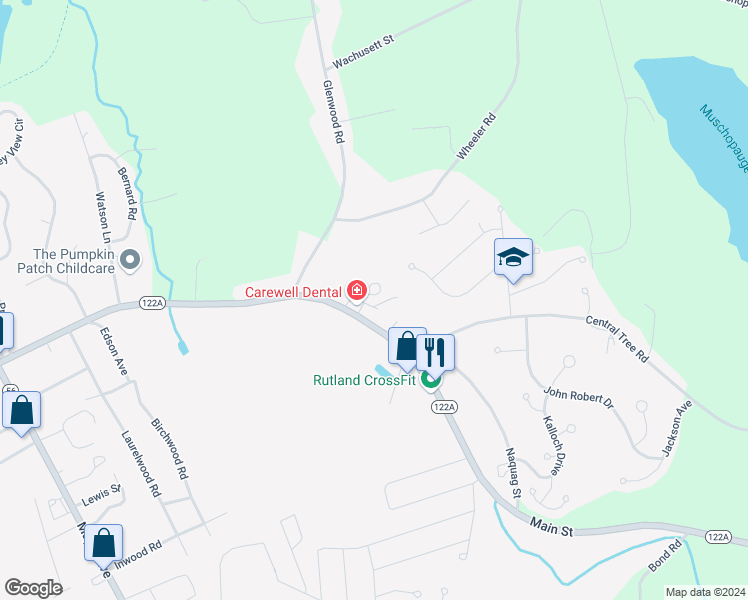 map of restaurants, bars, coffee shops, grocery stores, and more near 106 Main Street in Rutland