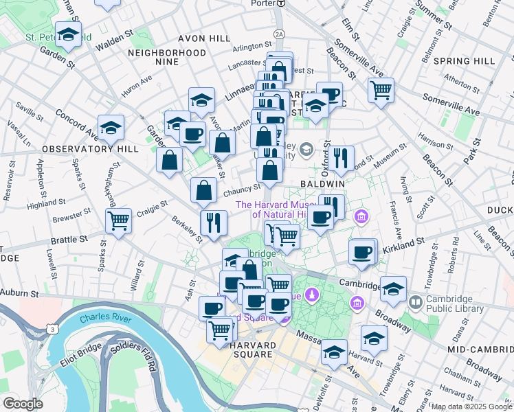 map of restaurants, bars, coffee shops, grocery stores, and more near 1572 Massachusetts Avenue in Cambridge
