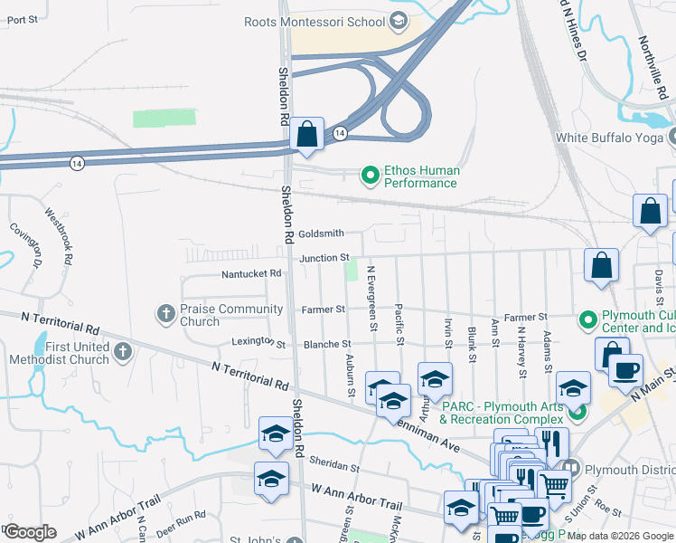 map of restaurants, bars, coffee shops, grocery stores, and more near 1370 Junction Street in Plymouth