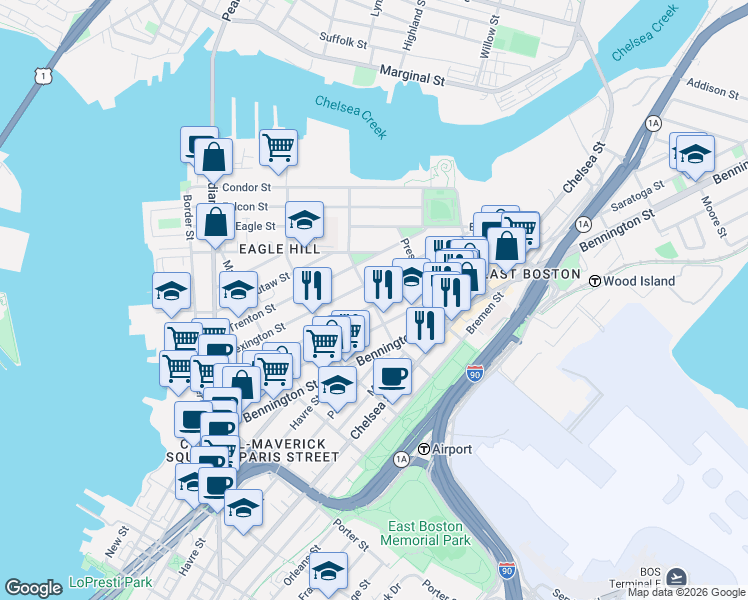 map of restaurants, bars, coffee shops, grocery stores, and more near 200 Princeton Street in Boston