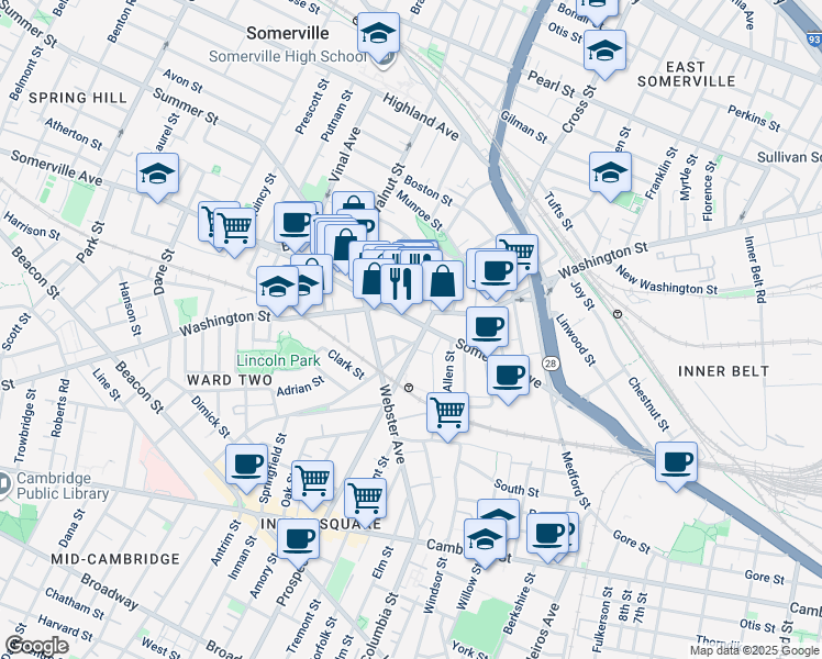 map of restaurants, bars, coffee shops, grocery stores, and more near 251 Washington Street in Somerville