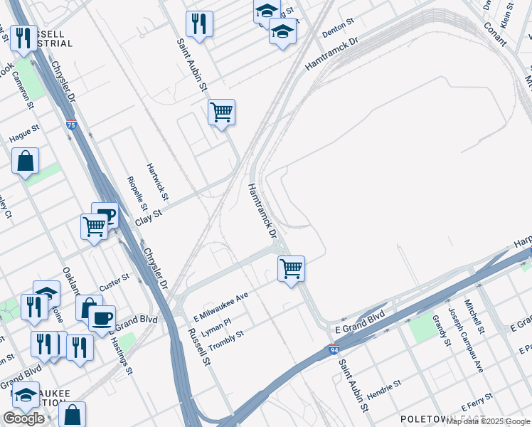 map of restaurants, bars, coffee shops, grocery stores, and more near 7516 Hamtramck Drive in Detroit