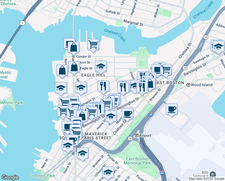 map of restaurants, bars, coffee shops, grocery stores, and more near 139 Trenton Street in Boston