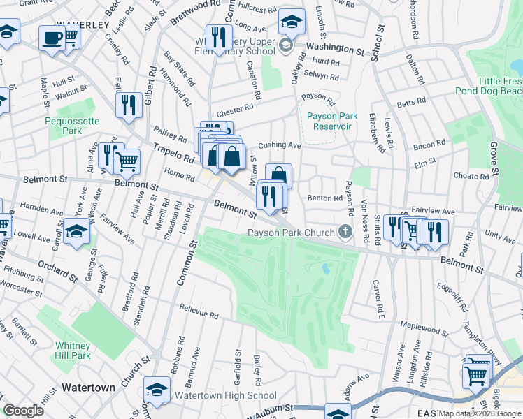 map of restaurants, bars, coffee shops, grocery stores, and more near 24 Trapelo Road in Belmont