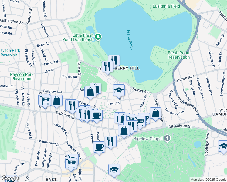 map of restaurants, bars, coffee shops, grocery stores, and more near 174 Cushing Street in Cambridge