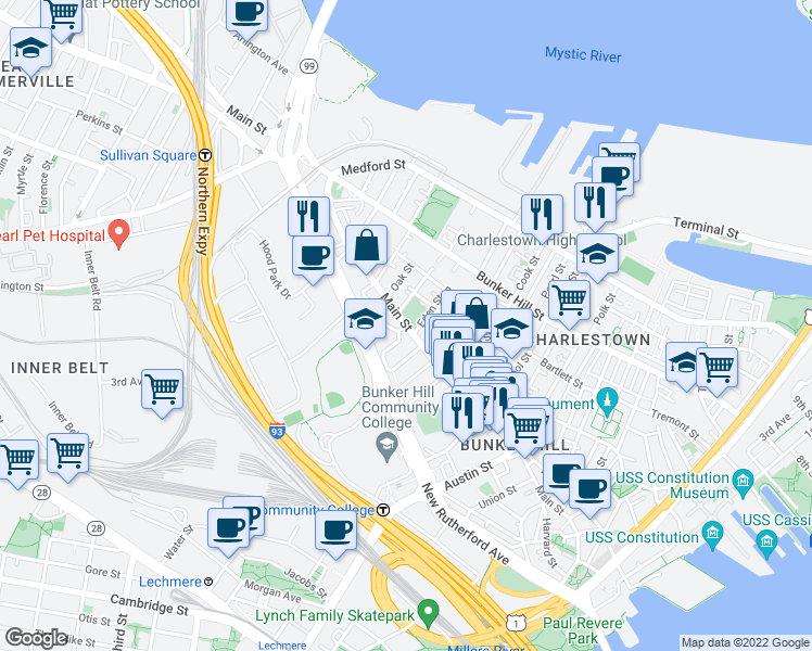 map of restaurants, bars, coffee shops, grocery stores, and more near Main St in Boston