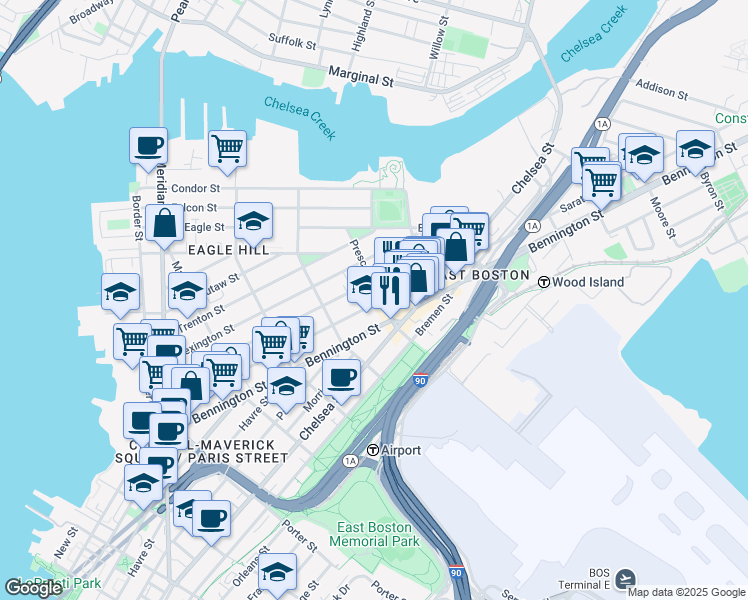 map of restaurants, bars, coffee shops, grocery stores, and more near 360 Saratoga Street in Boston
