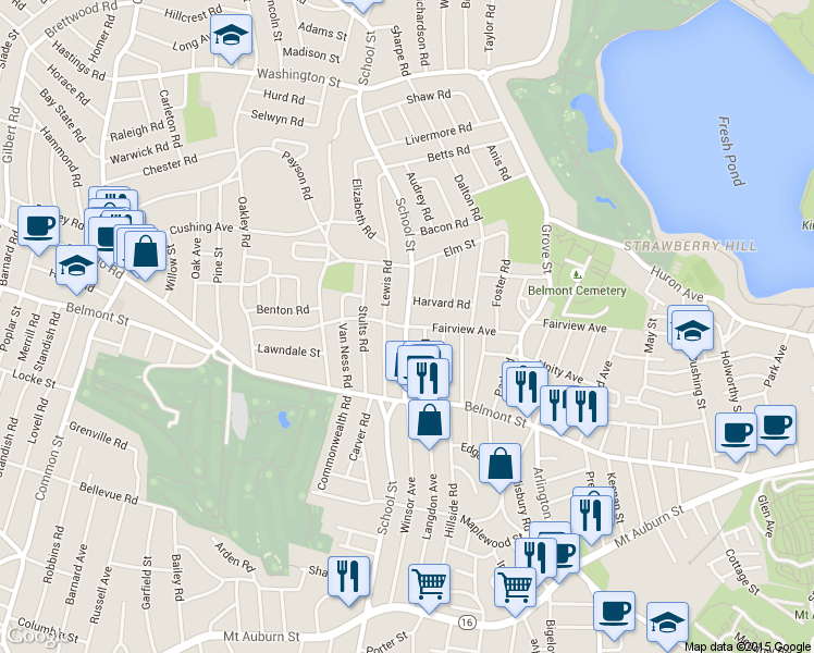 map of restaurants, bars, coffee shops, grocery stores, and more near School St & Fairview Ave in Belmont