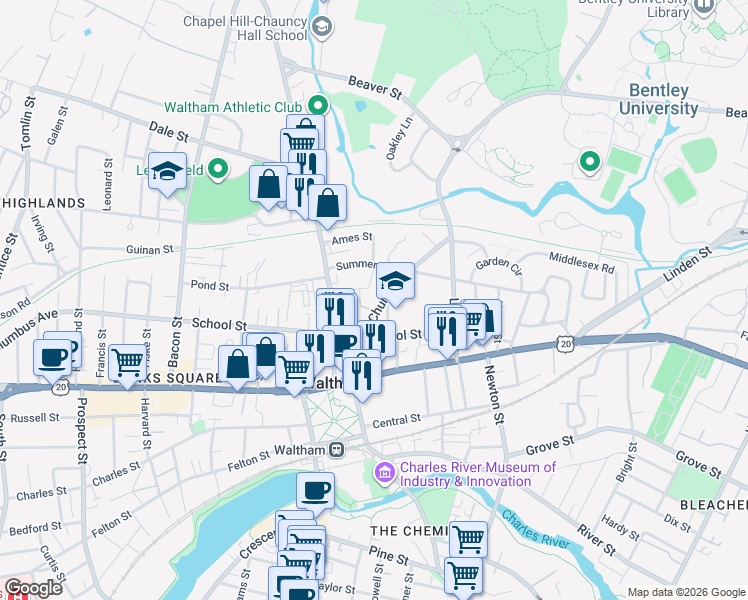 map of restaurants, bars, coffee shops, grocery stores, and more near 90 Church Street in Waltham
