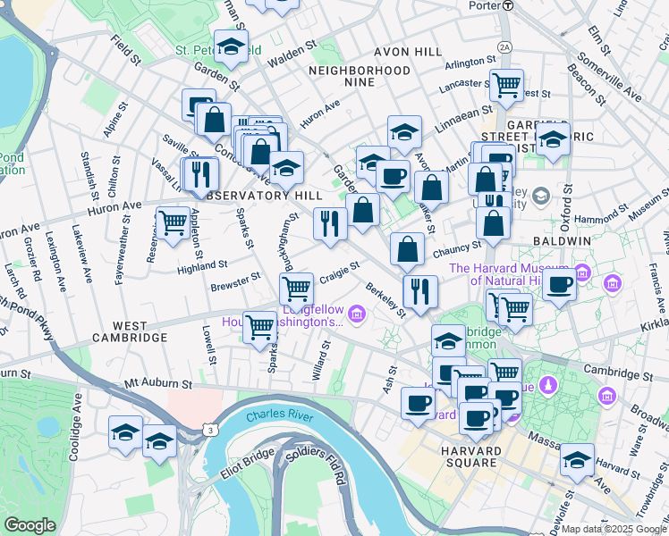 map of restaurants, bars, coffee shops, grocery stores, and more near 36 Concord Avenue in Cambridge