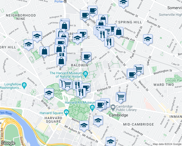 map of restaurants, bars, coffee shops, grocery stores, and more near 22 Divinity Avenue in Cambridge