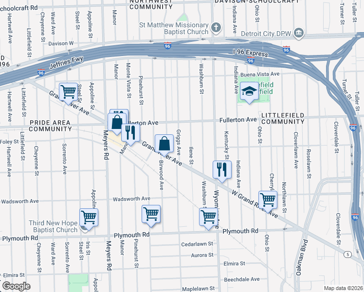 map of restaurants, bars, coffee shops, grocery stores, and more near 12298 Griggs Street in Detroit