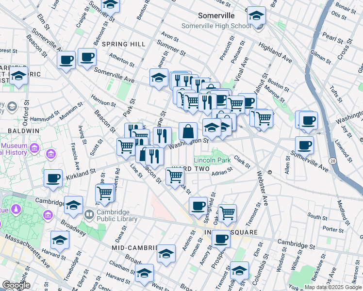 map of restaurants, bars, coffee shops, grocery stores, and more near 8 Leland Street in Somerville