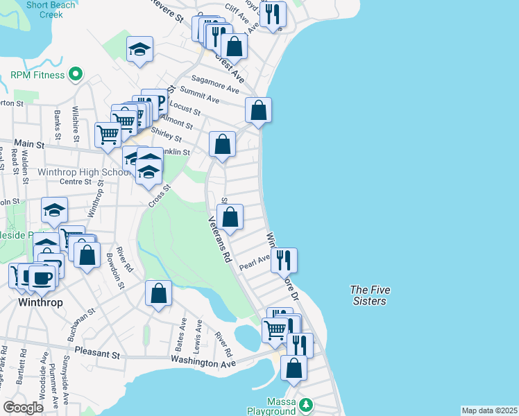 map of restaurants, bars, coffee shops, grocery stores, and more near 187 Winthrop Shore Drive in Winthrop