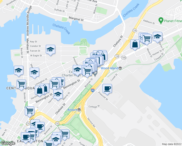 map of restaurants, bars, coffee shops, grocery stores, and more near 390 Chelsea Street in Boston