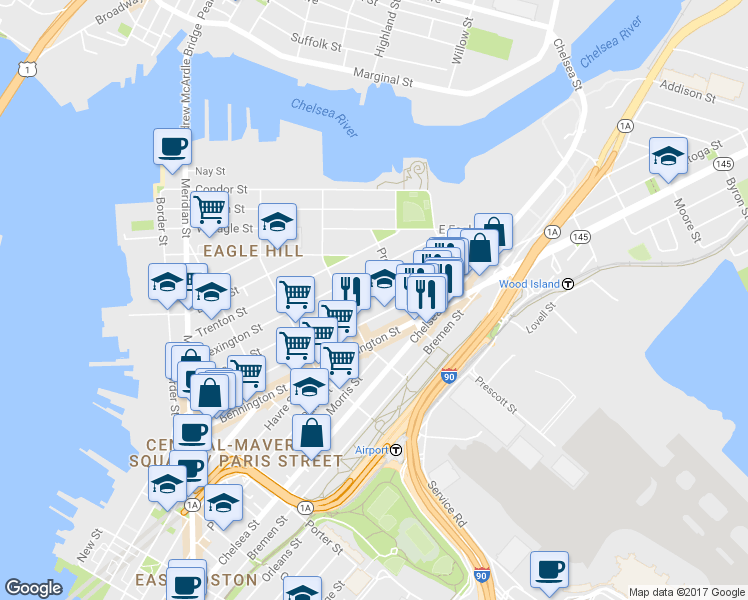 map of restaurants, bars, coffee shops, grocery stores, and more near 242 Princeton Street in Boston