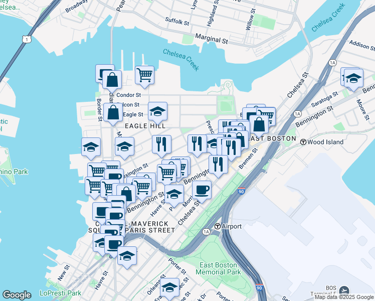 map of restaurants, bars, coffee shops, grocery stores, and more near 199 Lexington Street in Boston