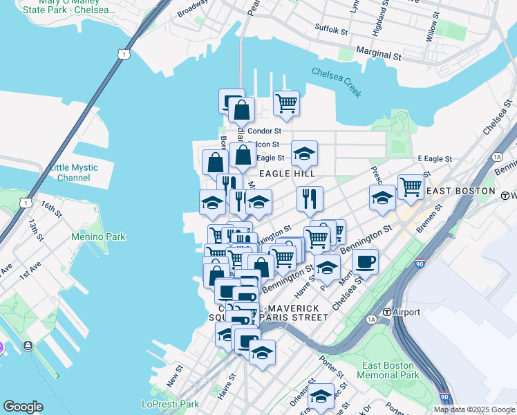 map of restaurants, bars, coffee shops, grocery stores, and more near 13 Monmouth Street in Boston