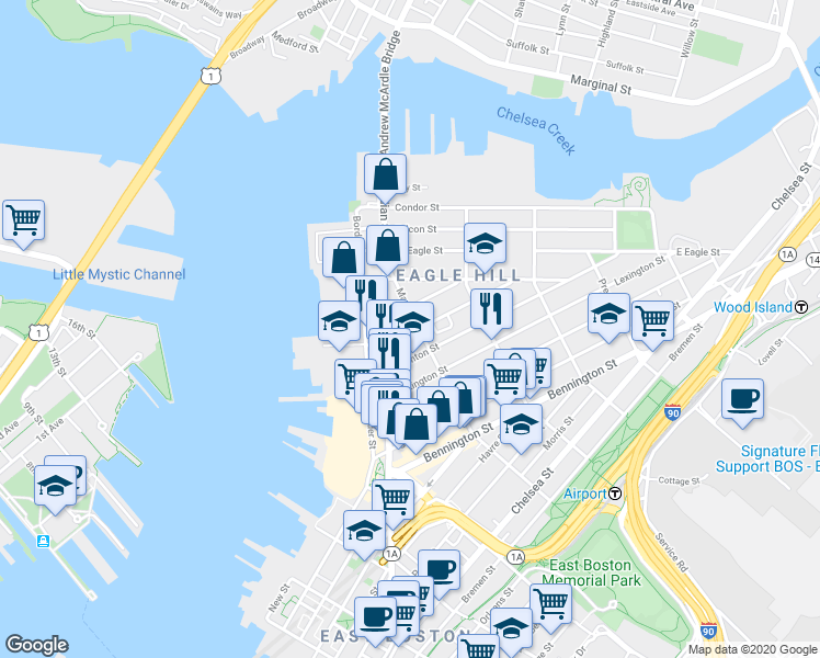 map of restaurants, bars, coffee shops, grocery stores, and more near 13 Monmouth Street in Boston