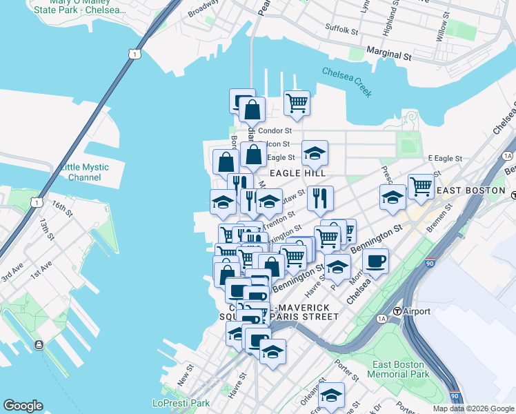 map of restaurants, bars, coffee shops, grocery stores, and more near 13 Monmouth Street in Boston