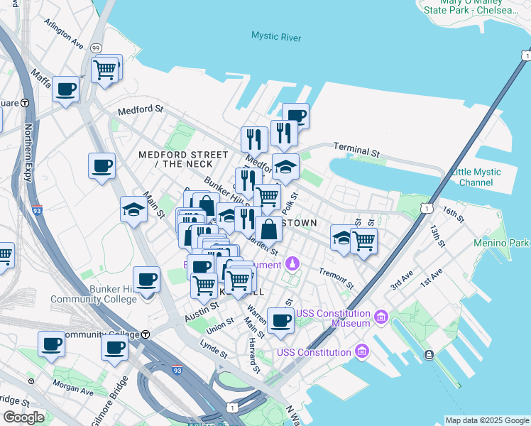 map of restaurants, bars, coffee shops, grocery stores, and more near 86 Elm Street in Boston