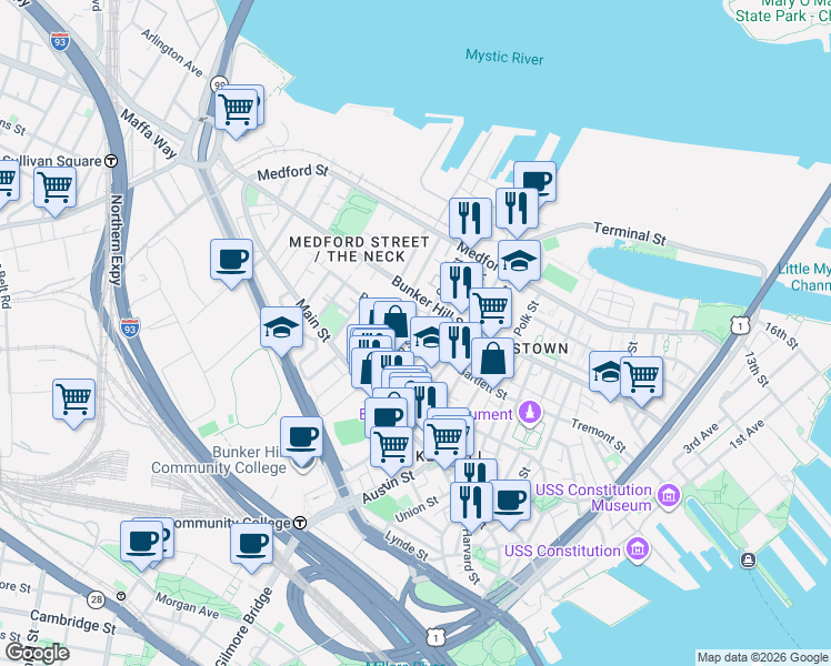 map of restaurants, bars, coffee shops, grocery stores, and more near 30 Russell Street in Boston