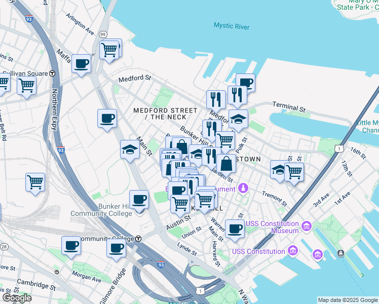 map of restaurants, bars, coffee shops, grocery stores, and more near 30 Russell Street in Boston