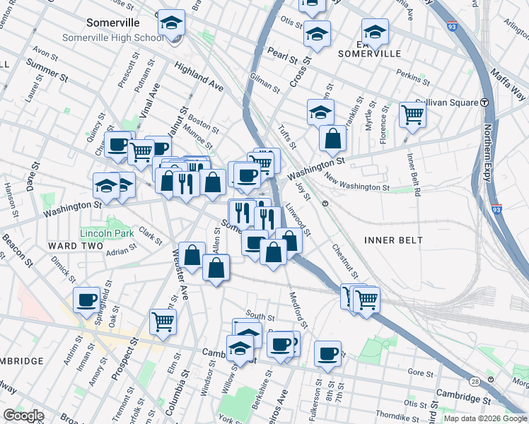 map of restaurants, bars, coffee shops, grocery stores, and more near 192 Washington Street in Somerville