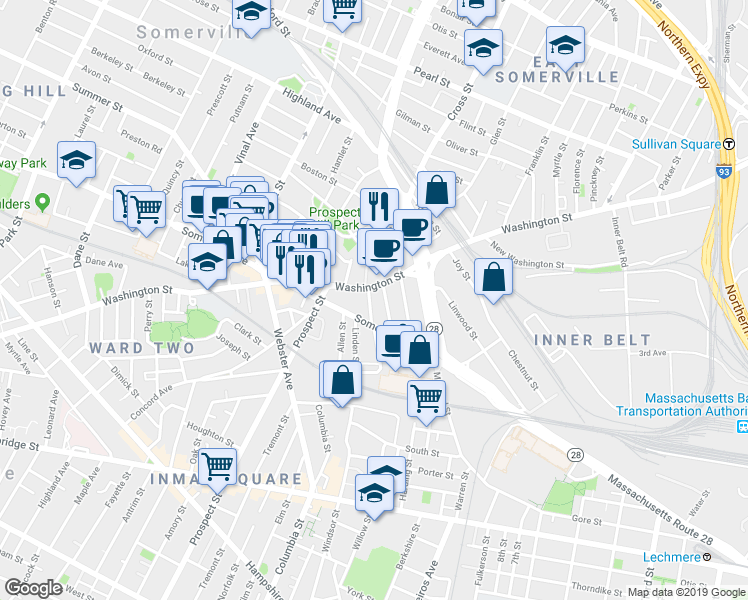 map of restaurants, bars, coffee shops, grocery stores, and more near in Somerville