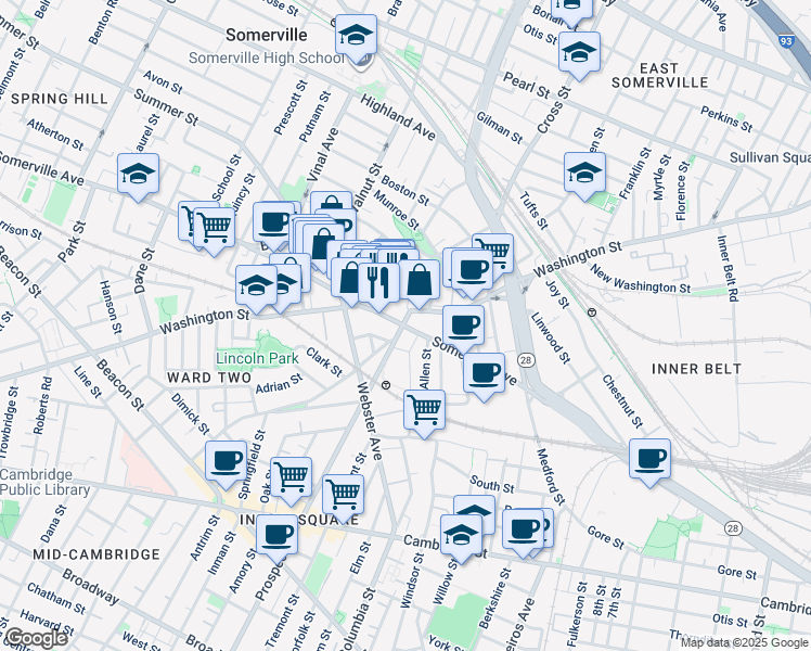 map of restaurants, bars, coffee shops, grocery stores, and more near 251 Washington Street in Somerville