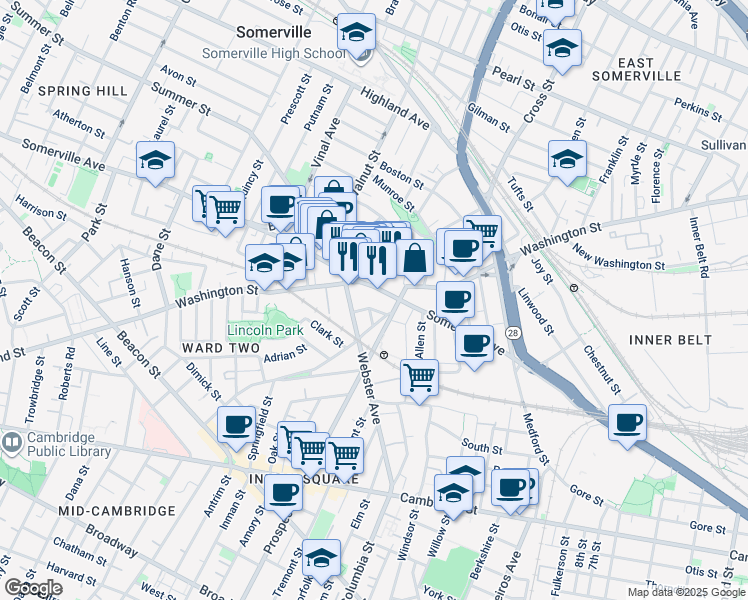 map of restaurants, bars, coffee shops, grocery stores, and more near 9 Union Square in Somerville