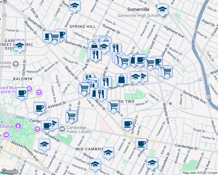 map of restaurants, bars, coffee shops, grocery stores, and more near 65 Dane Street in Somerville