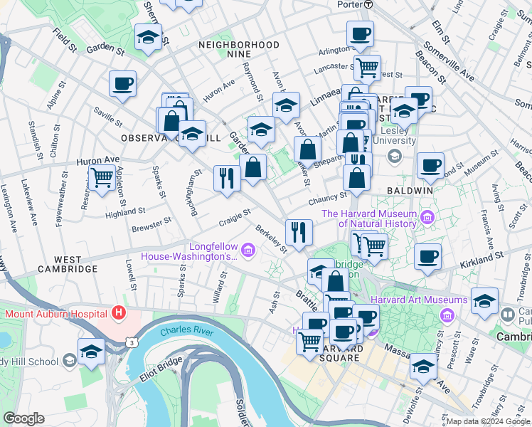 map of restaurants, bars, coffee shops, grocery stores, and more near in Cambridge