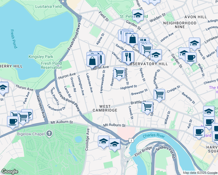 map of restaurants, bars, coffee shops, grocery stores, and more near 30 Reservoir Street in Cambridge