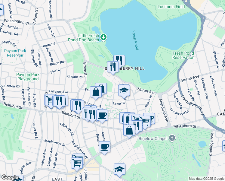 map of restaurants, bars, coffee shops, grocery stores, and more near 44 May Street in Cambridge