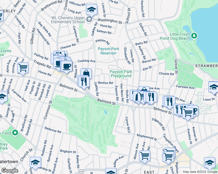 map of restaurants, bars, coffee shops, grocery stores, and more near 53 Benton Road in Belmont