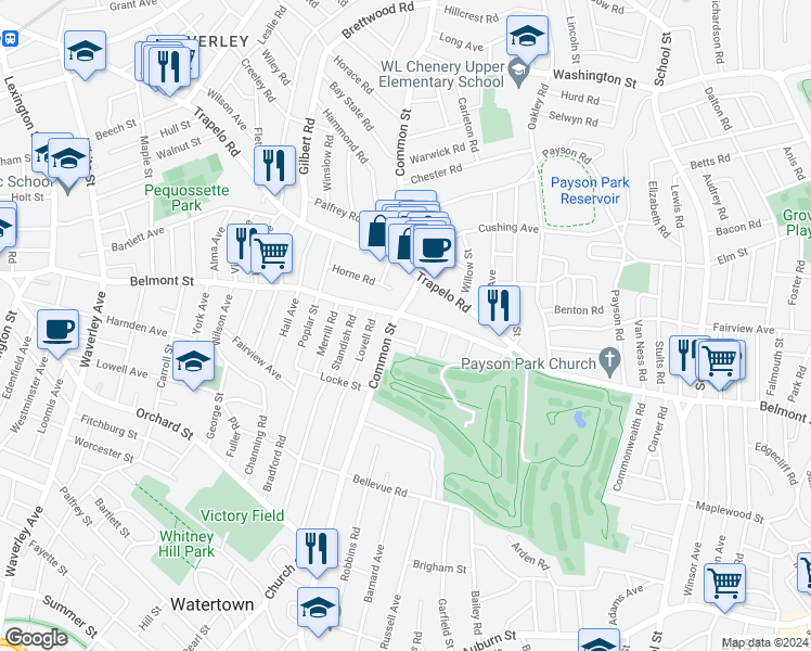 map of restaurants, bars, coffee shops, grocery stores, and more near 535 Belmont Street in Belmont