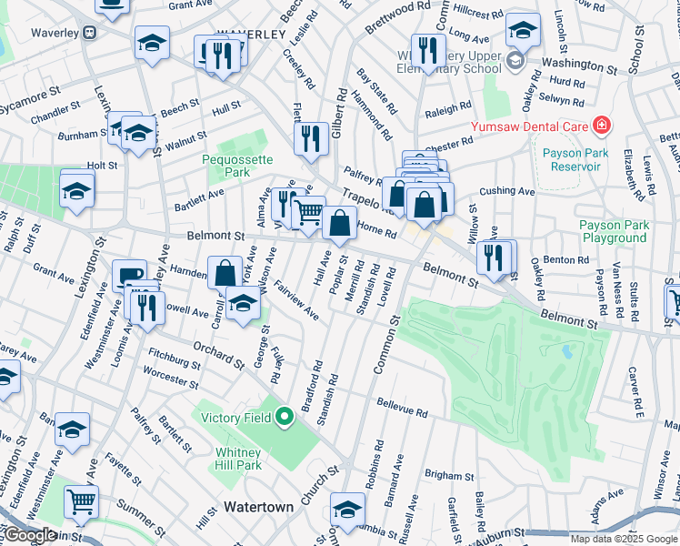 map of restaurants, bars, coffee shops, grocery stores, and more near 16 Hall Avenue in Watertown