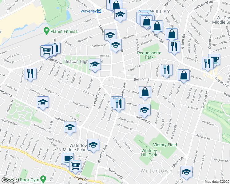 map of restaurants, bars, coffee shops, grocery stores, and more near 37 Harnden Avenue in Watertown