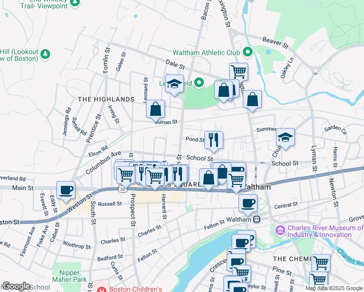 map of restaurants, bars, coffee shops, grocery stores, and more near 88 Bacon Street in Waltham