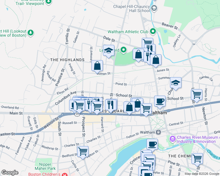 map of restaurants, bars, coffee shops, grocery stores, and more near 88 Bacon Street in Waltham