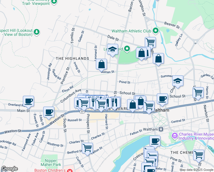 map of restaurants, bars, coffee shops, grocery stores, and more near 86 Fiske Street in Waltham