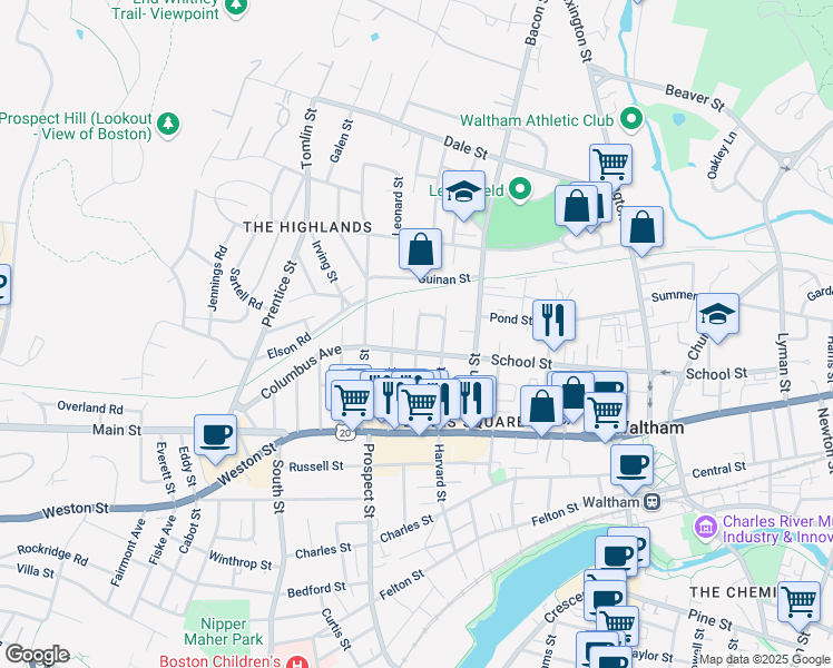 map of restaurants, bars, coffee shops, grocery stores, and more near 86 Fiske Street in Waltham